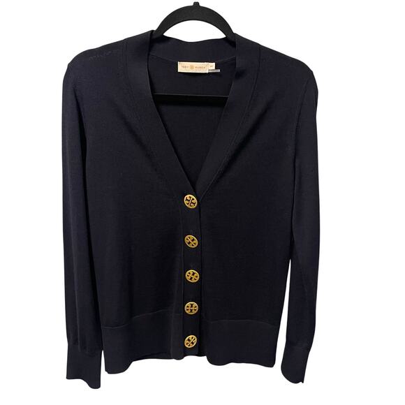 Tory Burch Merino Wool Navy Button Front V Neck Cardigan Womens Medium AS IS - Picture 1 of 6